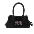 Chic black crocodile pattern handbag with pink letter embroidery and long strap - Black