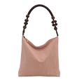 Pink hobo shoulder bag with unique dark wood bead handles and gold zipper on white background - Pink
