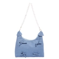 Blue denim underarm bag with decorative bows and white faux pearl bead handle - Light Blue