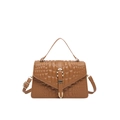 Brown crocodile embossed handbag with top handle and gold hardware for women - Brown