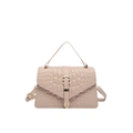 Beige crocodile texture handbag with V-shaped flap and golden buckle for women - Khaki