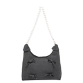 Dark gray knitted shoulder bag with four decorative bows and round pearl strap detail - Black