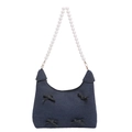 Dark blue denim underarm bag with black bow accents and white pearl beaded strap - Dark Blue