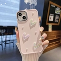 Detail view of pink iPhone case with 3D colorful hearts, pearls and silver camera ring - Electroplated Frame-Laser Wrinkle Heart-Pink / iPhone 7/8/SE 2020