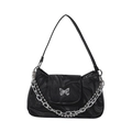 Elegante borsa a mezzaluna con farfalla e texture marmorizzata scura e catena argento - Nero