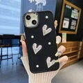 Detail of matte black iPhone case with 3D aurora hearts and white pearls decoration - Electroplated Frame-Laser Wrinkle Heart-Black / iPhone 7/8/SE 2020