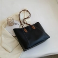 Grande borsa tote nera retrò con manici marroni e cuciture a contrasto per pendolari - Nero