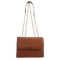 Caramel brown square bag with V-shaped quilting and gold chain strap in a side view - Brown