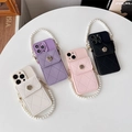 Détails des coques iPhone en cuir matelassé avec boucles roses et chaînes perles - Portefeuille Camélia-Chaîne en Perles / Rose / iPhone 7/8/SE 2020