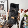 Detail of quilted leather phone case for Samsung Z Flip with pearl and gold chain straps - Black / Samsung ZFlip3