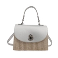 Straw weave handbag with silver leather flap and metallic lock, small beach square bag - Silver