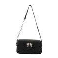 Black leather shoulder bag with silver butterfly buckle and layered metal chain strap - Butterfly Bow Chain Small Square Bag / Black