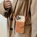 Crossbody iPhone case with brown leather wallet card holder and adjustable shoulder strap - Khaki / iPhone 15 Pro Max