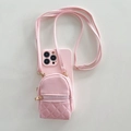 Close-up of pink crossbody iPhone case featuring a quilted mini backpack coin purse - iPhone 7/8/SE 2020 / Pink