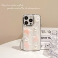 Detail of pink star and pearl charms on a white marble phone case for iPhone Pro - Heart Star (iPhone XR) / Electroplated Frame-White Glitter Drop Glue