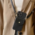 Black leather iPhone case with crossbody strap and buttoned card holder wallet purse - Black / iPhone 15 Pro Max