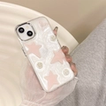 Detail of iPhone case featuring 3D pink stars and white rose charms on pearly surface - Fish Tail Star (iPhone XR) / Electroplated Frame-White Glitter Drop Glue