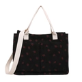 Borsa tote in velluto a coste nera con stampa fragole, tasche e tracolla regolabile - Nero