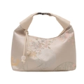 Oriental floral embroidery bucket bag in cream silk with bamboo patterns and metal handle - White