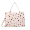 Borsa tote in velluto a coste crema con stampa fragola, tasche frontali e doppia tracolla - Bianco