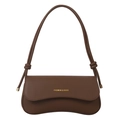 Deep brown matte PU leather shoulder bag with gold hardware and top handle - Brown