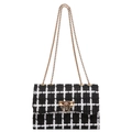 Sac à bandoulière chic en tweed noir et blanc avec chaîne dorée et breloque cœur - Carreaux Noirs
