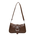 Borsa baguette marrone scuro con trama litchi e grande fibbia metallica argento - Marrone