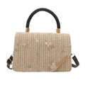 Handmade woven straw crossbody bag with floral embroidery and adjustable black strap - Black