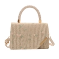 Straw crossbody bag with floral embroidery and gold hardware in natural beige - Khaki