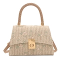 Straw handbag with colorful floral embroidery and gold metal clasp on white background - Khaki