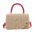 Straw handbag with green floral embroidery and vibrant pink woven handles for women - Pink