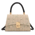 Off-white woven crossbody bag with pink and green floral embroidery and black handles - Black