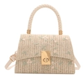 Straw handbag with floral embroidery, woven texture and adjustable shoulder strap - White