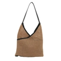 Borsa a secchiello in paglia marrone chiaro intrecciata a mano con finiture in pelle - Nero
