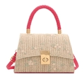 Beige straw woven handbag with floral embroidery and pink leather braided handle - Rose Pink