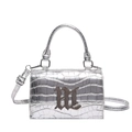Silver glossy patent leather square bag with stone texture and gothic metal logo - Silver