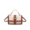 Retro canvas crossbody bag with brown leather trim and golden metal lock on white background - White
