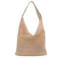 Minimalist beige woven straw mesh tote bag with wide shoulder strap for summer vacation - White
