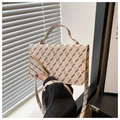 Close-up of a stylish crossbody square bag with diagonal stripes and a gold metal buckle - Off White