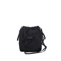 Minimalist black nylon drawstring bucket bag with adjustable front pocket and slim shoulder strap - Black