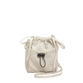 Minimalist beige drawstring bucket bag made of nylon with front pocket and shoulder strap - White