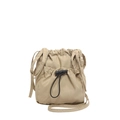 Minimalist khaki nylon drawstring bucket bag with adjustable front pocket and shoulder strap - Khaki