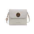 Vintage white bucket bag with bronze teddy bear emblem and adjustable shoulder strap - White