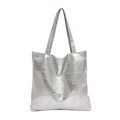 Silver metallic geometric tote bag with textured patchwork for women everyday commute - Silver