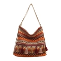 Boho-Stofftasche in Orange mit geometrischen Wellenmustern und bunten Quasten - Orange