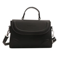 Minimalist black PU leather crossbody handbag with curved flap and top handle on white background - Black