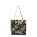 Beige woven tote bag with dark butterfly embroidery and rustic hemp rope handles - Gold