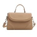 Minimalist beige PU leather handbag with FASHION & BAG lettering and silver hardware - Khaki