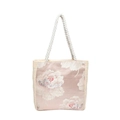 Pink satin tote bag with floral embroidery and cotton rope handles on white background - Pink Style 2