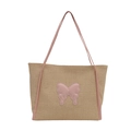 Große Sommer-Strohtasche mit rosa Lederriemen und stilvollem Schmetterlingsaufnäher - Rosa